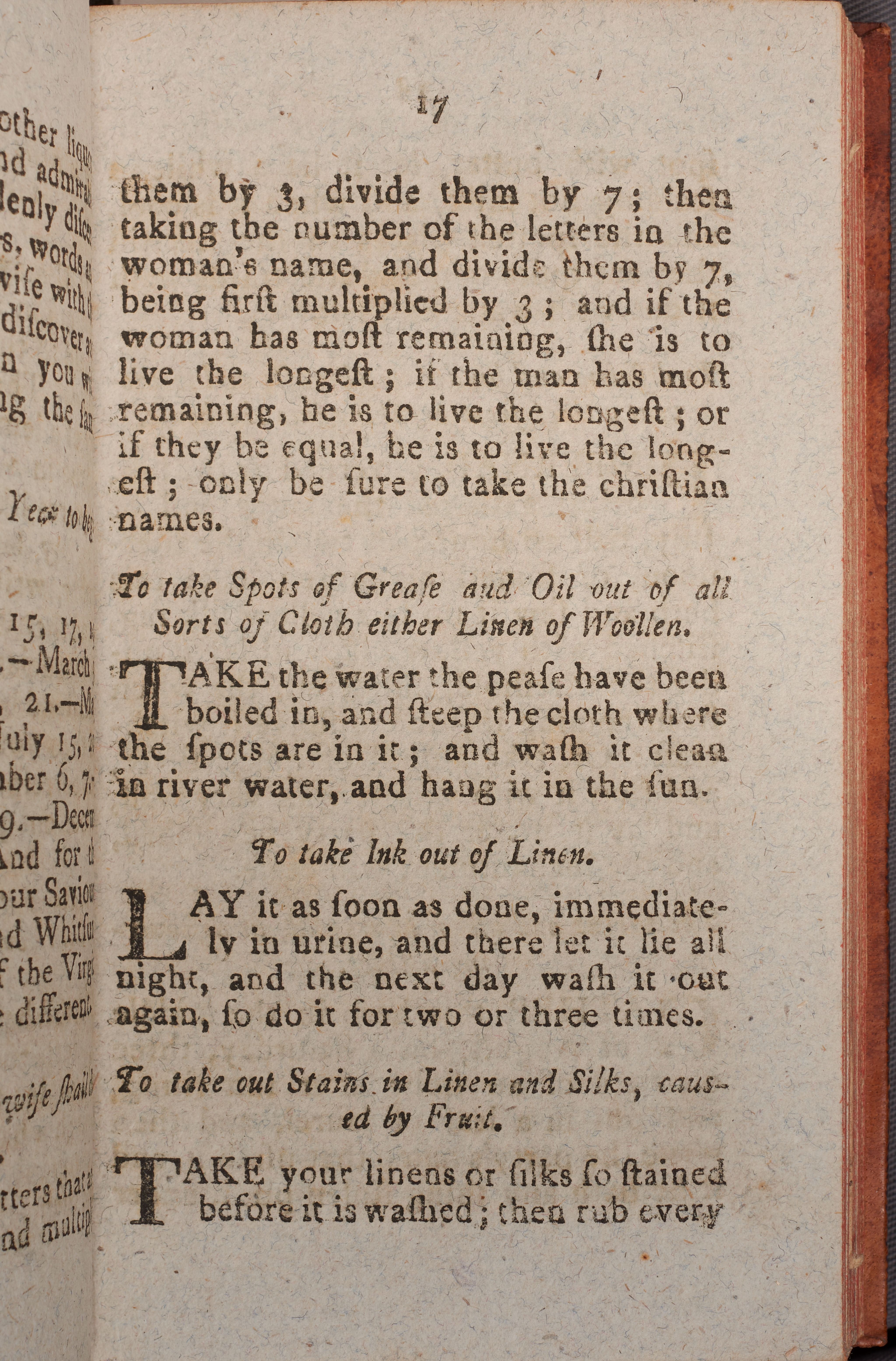 A page from Love’s True Oracle with information about fortune telling and getting rid of stains on clothes.