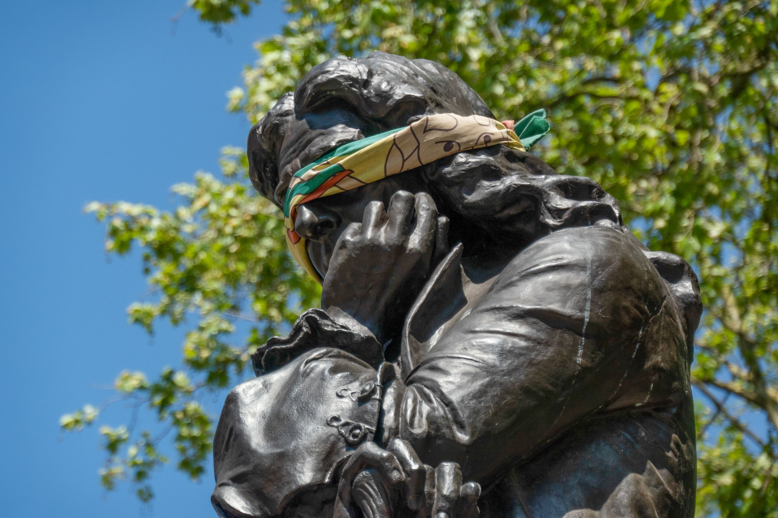Bristol / England - May 6th 2020: Statue of Edward Colston with blindfold before it was taken down by protestors. By Christian Lathom-Sharp 